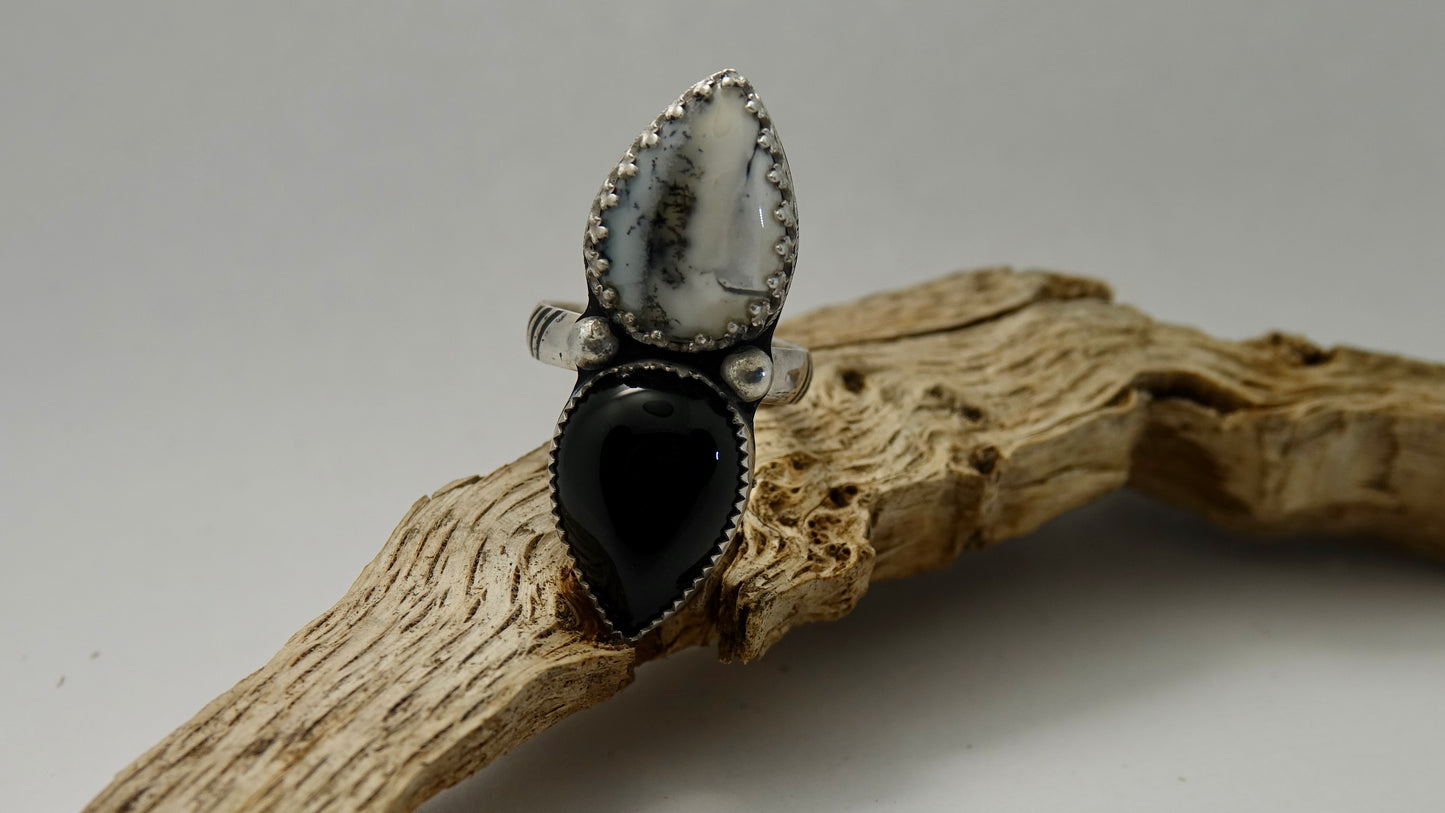 Black Agate and Dendritic Agate Ring - Teardrops - Size 8