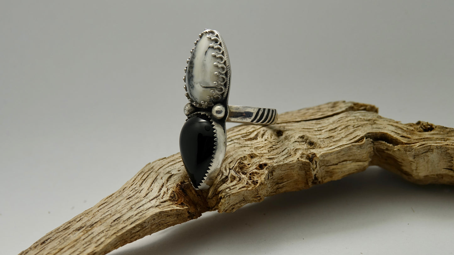 Black Agate and Dendritic Agate Ring - Teardrops - Size 8